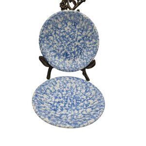 Bentson West Splatter Spongeware 8" Salad Dessert Plates Blue‎ White cottage vtg